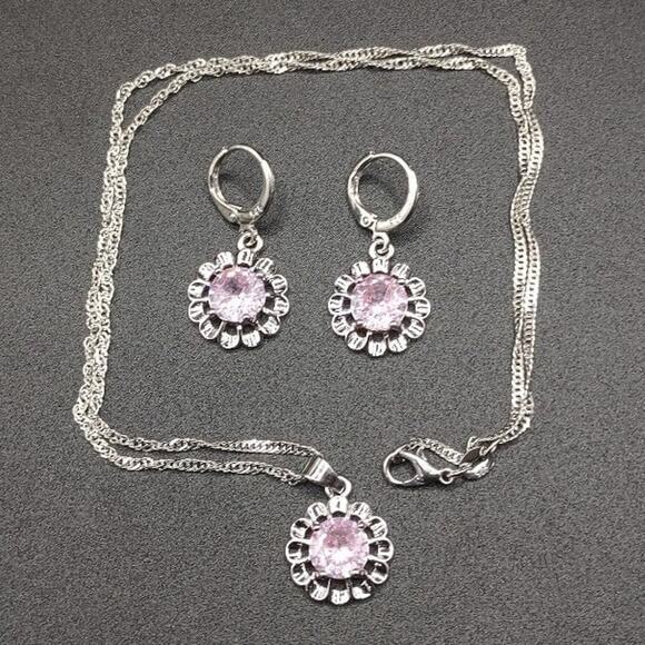 925 Silver Gold Vermeil Cz & Pink Topaz Earrings, Ring  925 Silver Pink Necklace Earrings Flower CZ Diamond Set Spring Summer BOHO Gift